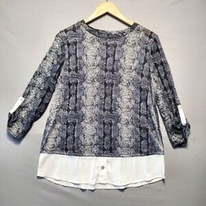 Olivia Blu Snake Print Layered Hem Tunic Top Womens Small Gray Blouse Office